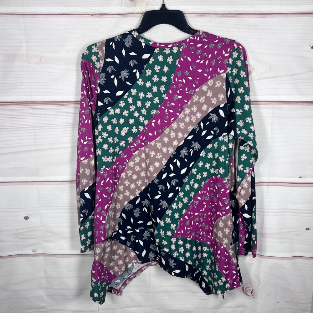 LOGO by Lori Goldstein Top Women 1X Multicolor Floral Patchwork Long Sleeve Knit - Picture 9 of 10